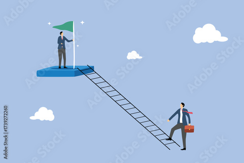 Flat vector illustration. Business concept of a ladder of success. Businesspeople and employees climbing the ladder to the next level.