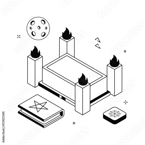 Creepy Halloween tomb with candles and open spell book, modern isometric illustration