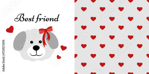 Dog with a bow. pretty Maltipoo. Seamless pattern with red hearts on a gray background
