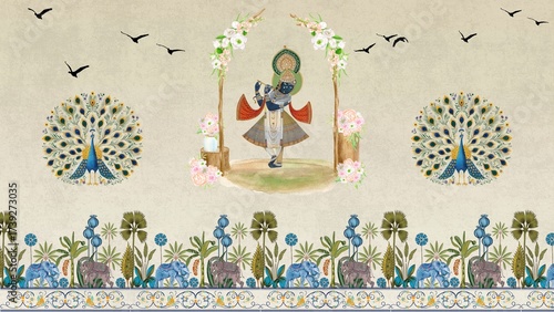 Dwarkadhish  krishna wallpaper in pichwai theme with planters 