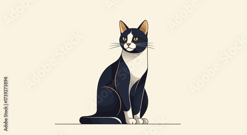 Elegant black and white cat with striking golden eyes sitting gracefully, perfect for pet lovers, animal themes, or stylish design projects
