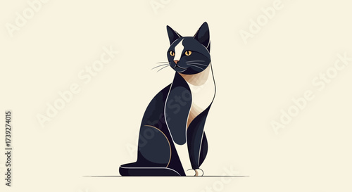Elegant black and white cat with captivating golden eyes sitting gracefully, perfect for pet lovers and stylish design projects