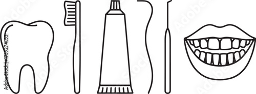 Dental Hygiene essentials, illustrated in a clean, graphic, linear style, presenting the tools necessary for a perfect smile, this vector image highlights the importance of oral care.