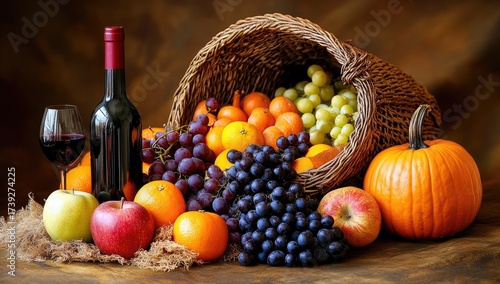 Horn of plenty with wine, fruits, pumpkin & burlap cloth