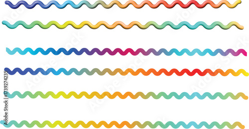 Abstract set of colorful wavy line patterns on white background, minimal design with rainbow gradient stripes, perfect for posters, prints, wallpapers, and modern digital art.
