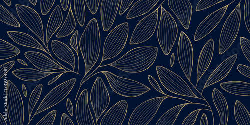 Luxury abstract vector pattern, golden leaves, floral ornaments, elegant linear textures, exotic nature, Art Deco. Modern wallpaper, summer fabric print, spa design, vintage botanical illustration