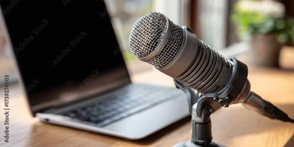 Fototapeta premium Studio microphone angled towards laptop on a wooden surface, with a blurred background of a window
