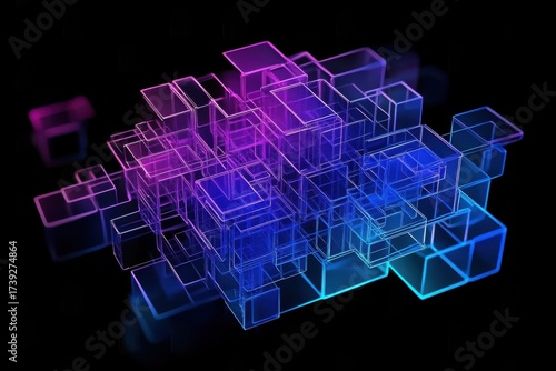 Modern digital abstract 3D surface background. Blue purple transparent cubes modular grid on black background. Generation AI.