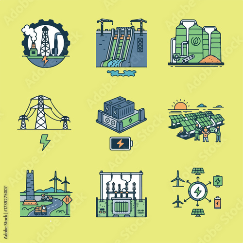 The image shows various sources of energy, including fossil fuels, hydroelectric power, biomass, electrical grid, batteries, solar panels and windmills.