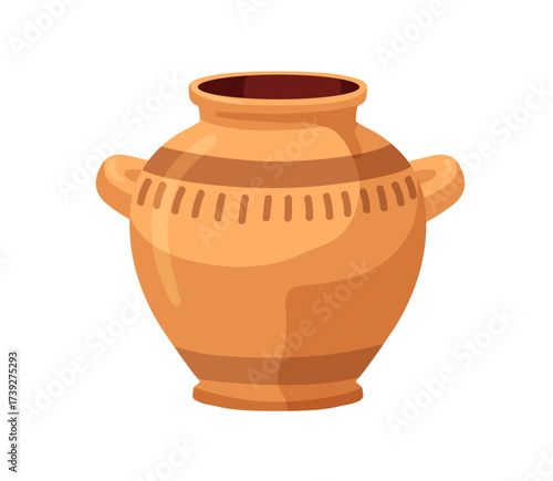 Ancient pottery, vessel. Ceramic pot with rounded shape and handles. Earthenware for storage. Old crock, earthen clay crockery, wide vase. Flat vector illustration isolated on white background