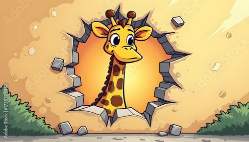 Comic Style Cartoon Giraffe With Glasses Bursting Through Cracked Wall