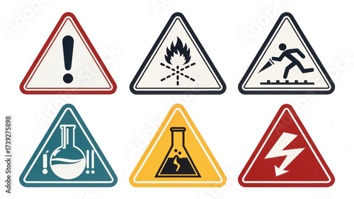 Serious set of hazard warning sign icons representing danger and risk. This safety and caution symbol collection provides visual alert