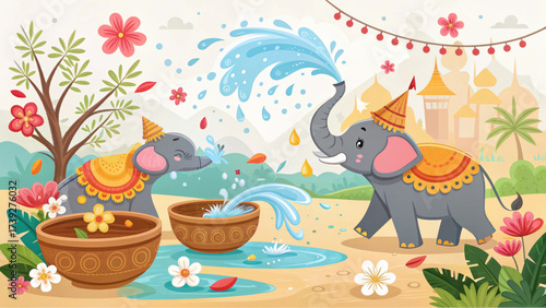 Happy cartoon elephant illustration for Songkran festival in Thailand. fun celebration with water splashing, flowers, and joyful animals