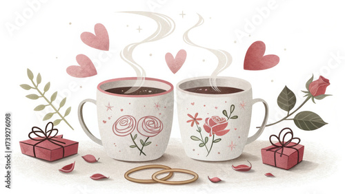 Romantic valentine illustration of two coffee mugs with rose, heart, and gift. warm, lovely symbol of affection for couple celebration