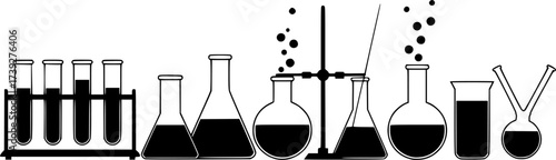 black and white silhouette of a group of chemistry glassware vector on a white background
