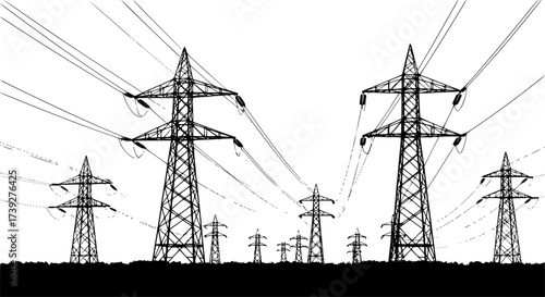 black and white silhouette of Extra High Voltage Lines vector on white background
