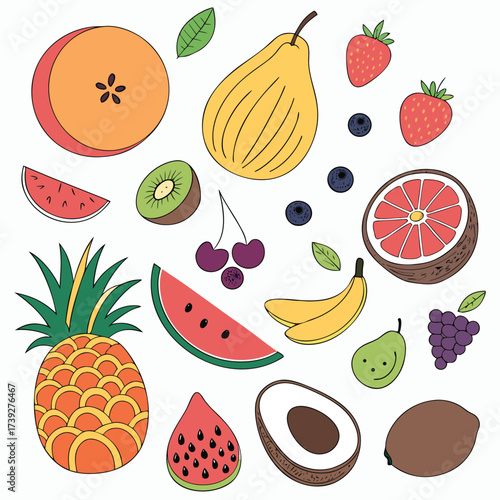 A vibrant, flat-style illustration presents an assortment of fresh fruits against a clean white background.