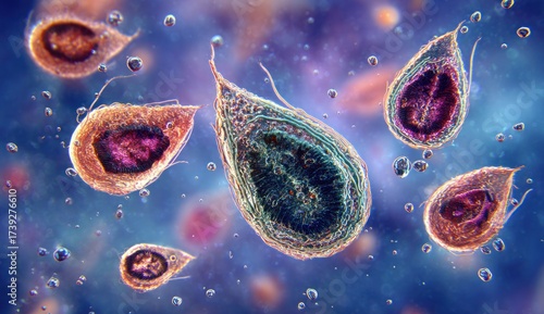Microscopic image of protozoan parasites with teardrop-shaped bodies in a blue environment