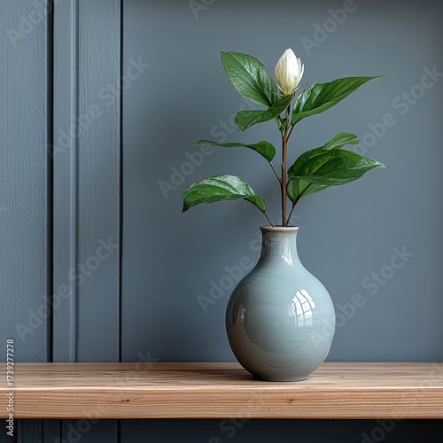 Vase with green plant on shelf against grey background.