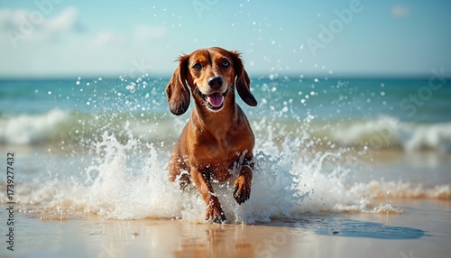 Joyful dachshund runs in sea water on beach. Brown dog enjoys swim, ocean waves and sunshine. Cute pet has fun during vacation at seaside coast at summer day.
