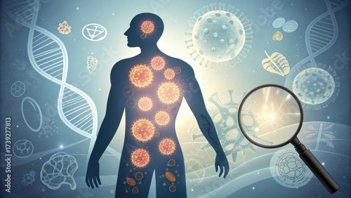 Conceptual illustration of human silhouette with virus and cancer cell for medical anatomy research. Serious biology science background with DNA