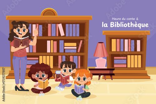 Storytime Reading Session Background with Bookshelves and Characters