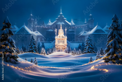A snowbound square of illuminated alpine village high in snowy mountains at snowfall winter night. With no people festive. Christmas Village. Christmas Background