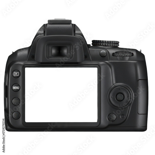 Professional black DSLR camera back view, perfect for showcasing photography tech and creative concepts.