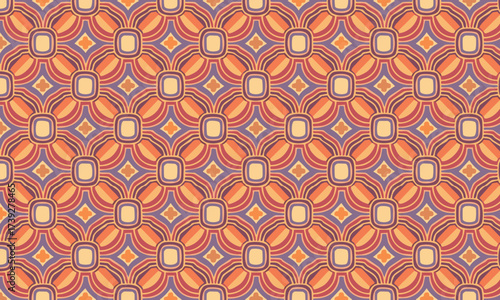 Ornate Retro Art Deco Geometric Seamless Pattern, Vintage Decorative Tile Background in Purple and Orange