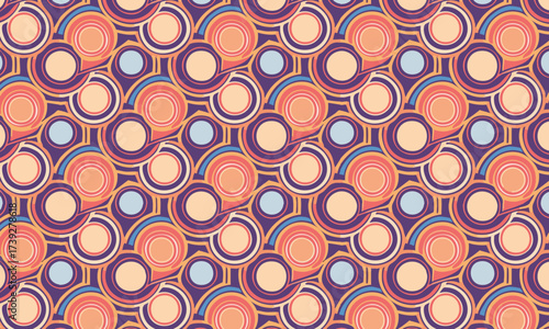 Groovy Retro 70s Circle Wave Seamless Pattern, Abstract Geometric Background in Purple and Orange