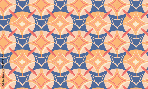 Retro Mid-Century Geometric Seamless Pattern, Vintage Star and Circle Tile Background in Warm Colors