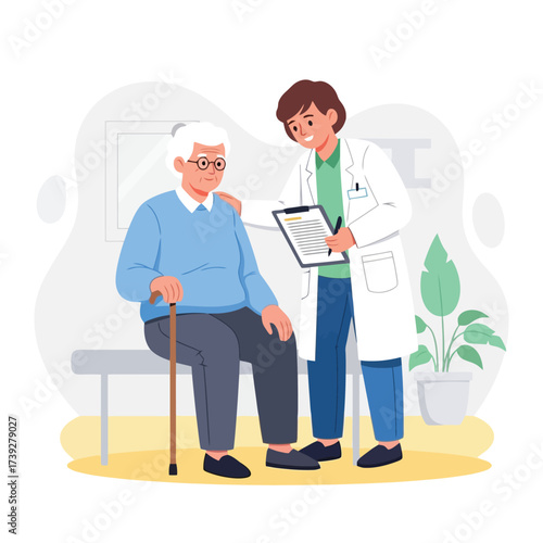 Caring doctor consoling elderly patient with compassion during consultation in modern office, healthcare illustration