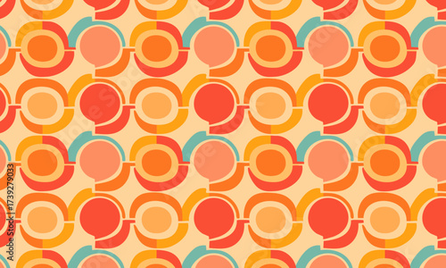 Retro 70s Groovy Circle Seamless Pattern, Vintage Geometric Abstract Background in Orange, Yellow, and Red