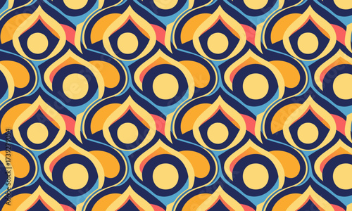Retro 70s Groovy Seamless Pattern, Vintage Abstract Peacock Eye and Ogee Shape Background