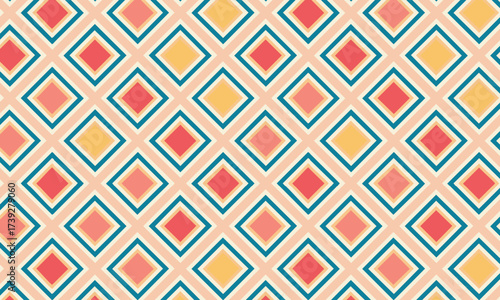 Retro Geometric Diamond Seamless Pattern, Vintage Argyle Background with Red, Yellow, and Blue Colors