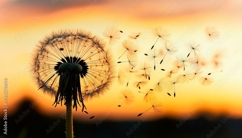 Naklejka premium Ephemeral Beauty of Dandelion Seeds Sailing in a Golden Sunset, Nature s Symphony of Hope