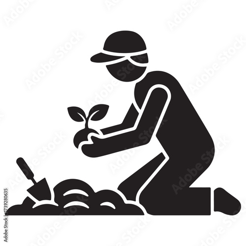 Gardener Planting Seedling in Soil with Shovel Icon