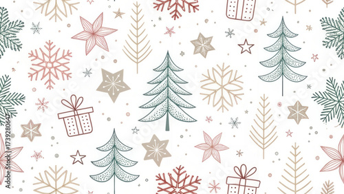 Joyful minimal christmas seamless pattern with simple winter holiday elements. festive design with cute tree and snowflake doodles for celebration