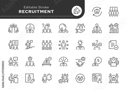Recruitment line icon set. Headhunting, career, job, candidate, resume, recruit, employee, partnership, scills, staff and more. Outline icon in linear style. Vector collection.	