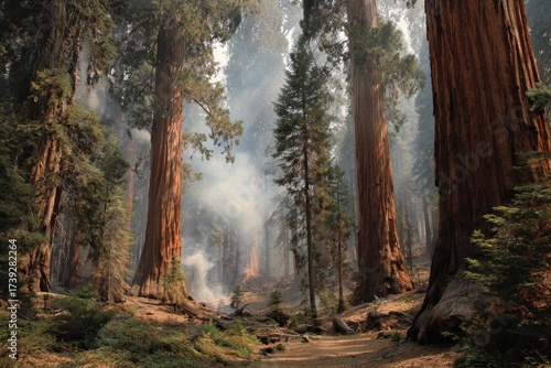 Mariposa Grove Yosemite. Giant Sequoia Trees in Evergreen Forest with Ferguson Fire Smoke in California