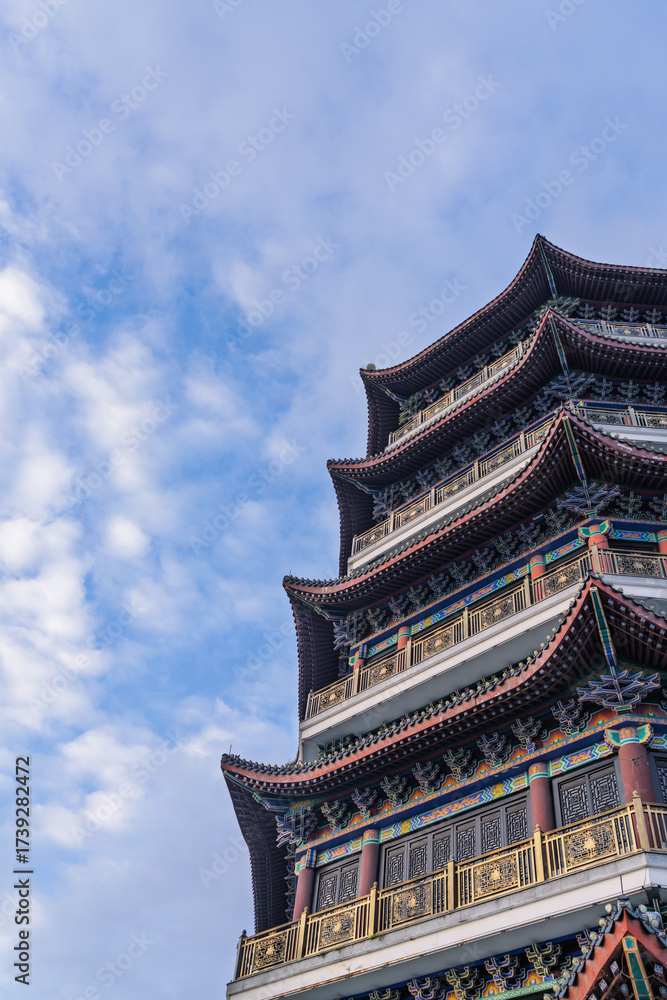 Fototapeta premium Guiyang's Dongshan Temple under a blue sky with white clouds