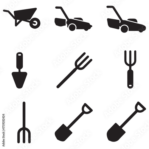 Silhouettes of Essential Gardening Tools and Equipment on White Background