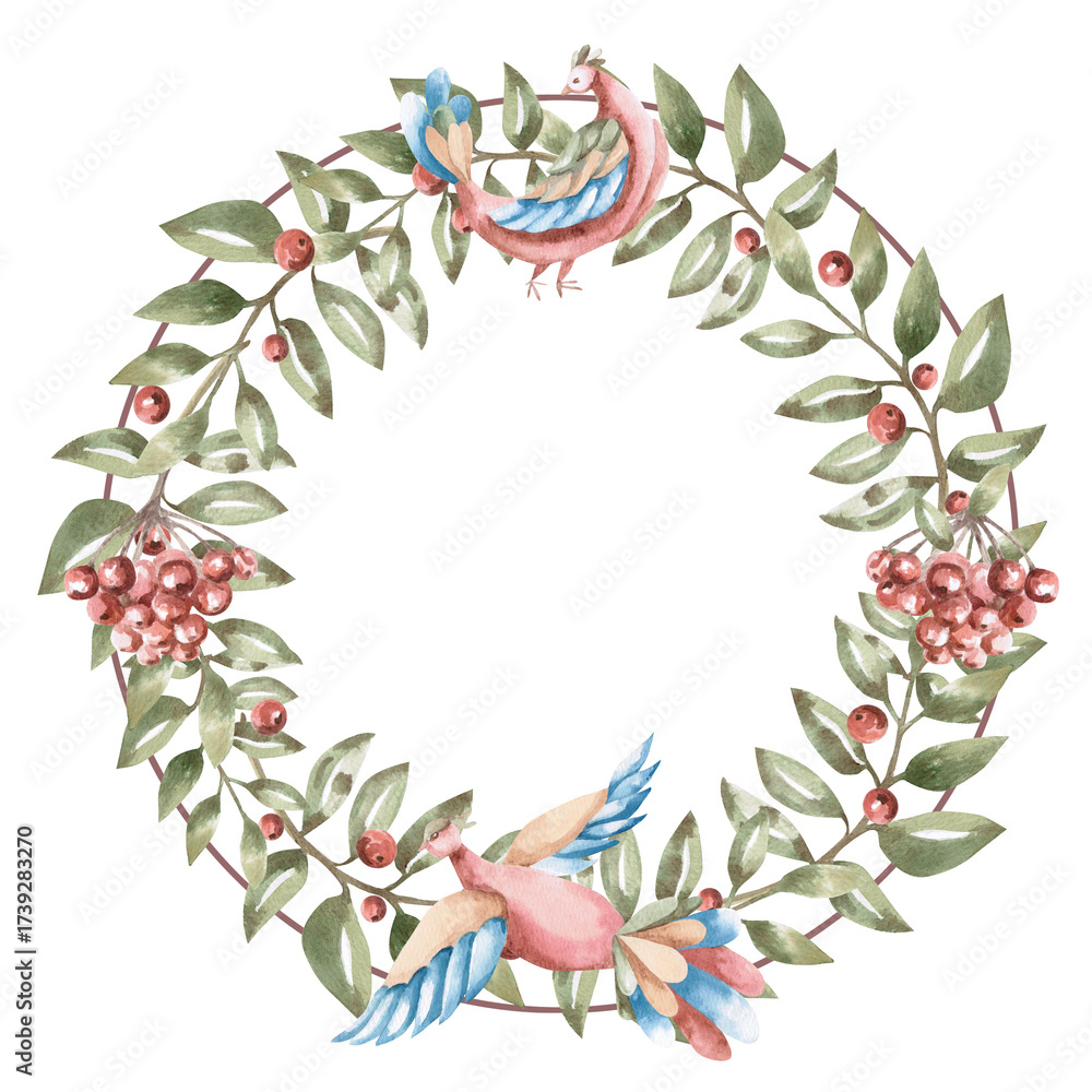 Fototapeta premium A stylized wreath with rowan branches and fairytale birds. Isolated watercolor illustration for tableware, kitchen linens, plate printing, clothing, fabric, and children's room design.
