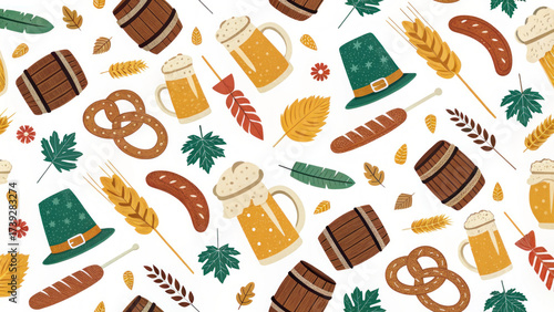 Joyful Oktoberfest seamless pattern background with German festival icons. Traditional beer, pretzel, and sausage illustration for celebration
