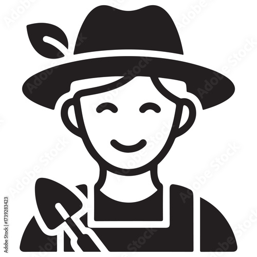 Happy Gardener Avatar Icon with Hat and Shovel