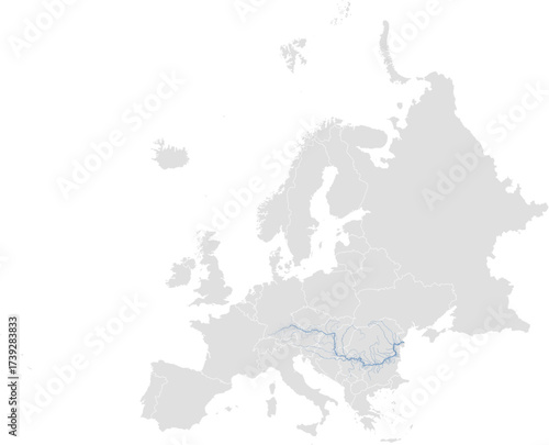 Danube river system – rivers vector map of Europe highlighting main stem and primary tributaries (LAEA, scaled by river size, PPT-compatible, multi-layered & fully editable)