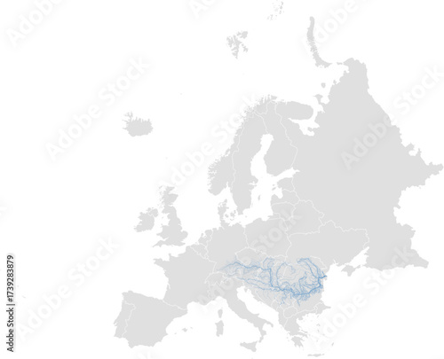 Danube river system – rivers vector map of Europe highlighting main stem, primary and secondary tributaries (LAEA, scaled by river size, PPT-compatible, multi-layered & fully editable)