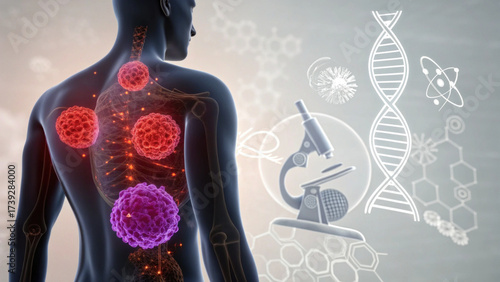 Serious medical illustration of cancer cell growth in human torso. Scientific research with microscope and DNA analysis for disease study