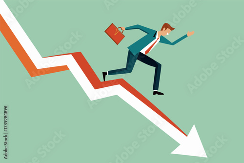 Businessman Running Downward Trend Graph: Economic Crisis, Financial Struggle, and Market Downturn Metaphor