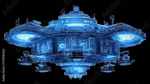 Fototapeta Naklejka Na Ścianę i Meble -  Futuristic space station design with detailed blueprint render isolated on black